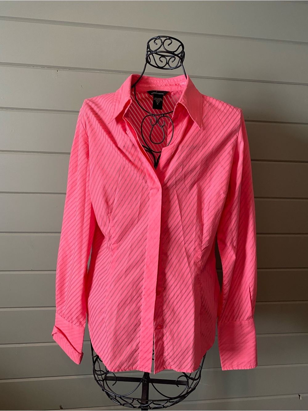 Moda International Pink Striped Long-Sleeve Dress Shirt hidden button detail
